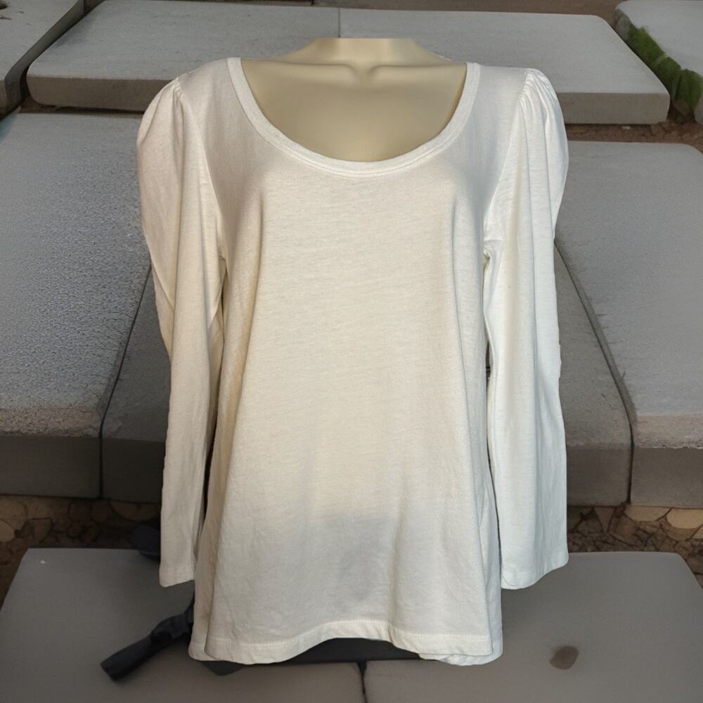 Anthropologie White White Scoop Neck Gathered Sleeve Tee~Sz Medium, EUC